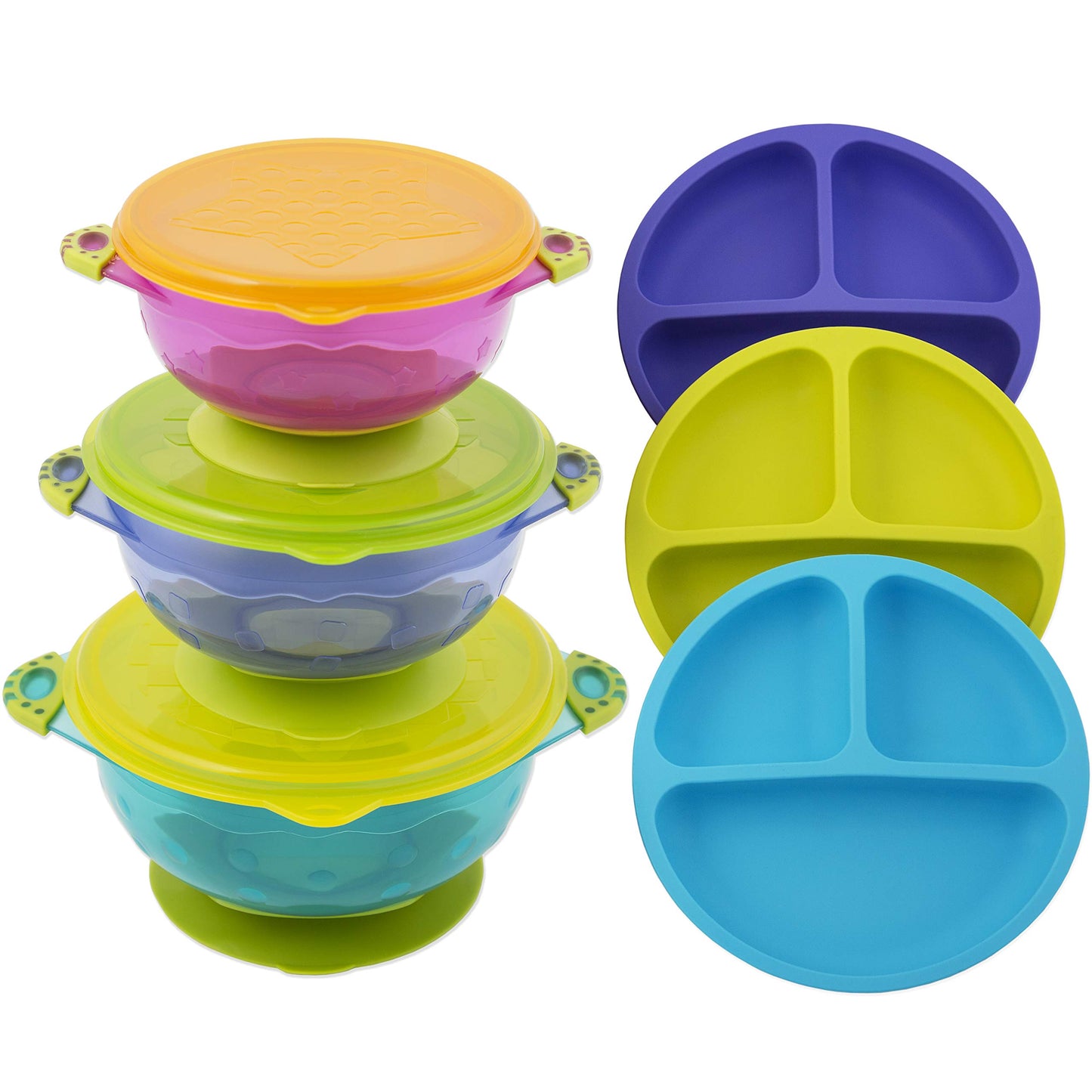 EVLAS Silicone Plates & Baby Bowls Set Suction Bowls with Lids and Divided Plates Unbreakable Easy-to-Clean Feeding Set for Growing Babies and Toddlers