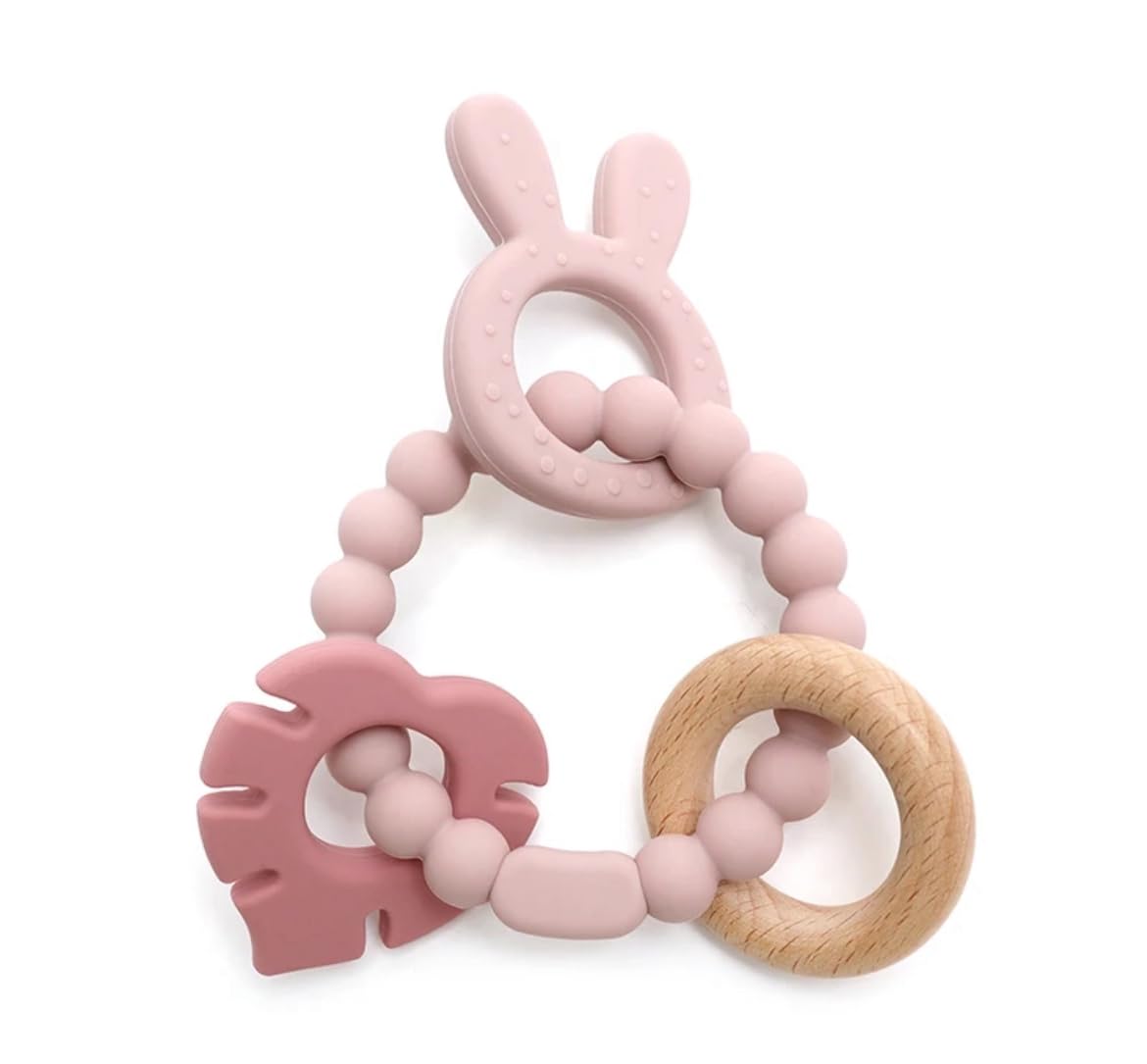 Made by Tushi | Bohemian Teether | Baby Teether | Sensory Exploration and Teething Relief | 100% Food-Grade Silicone Teether Toy | BPA Free | Chewbeads | Silicone with Beechwood Ring | (Pink)