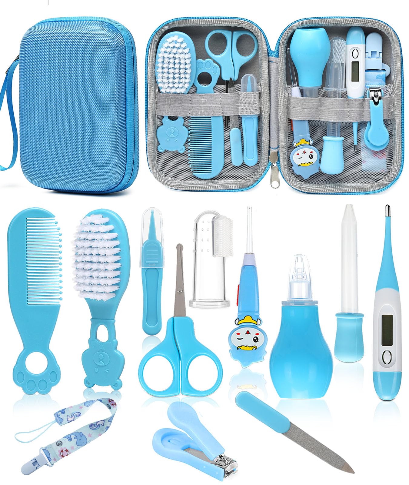 Baby Healthcare and Grooming Kit Safety Newborn Nursery Baby Care Kit with Hair Brush Comb Nail Clipper Thermometer Pacifier Clip Baby Registry Search Newborn Essentials Girls Boys (Blue)