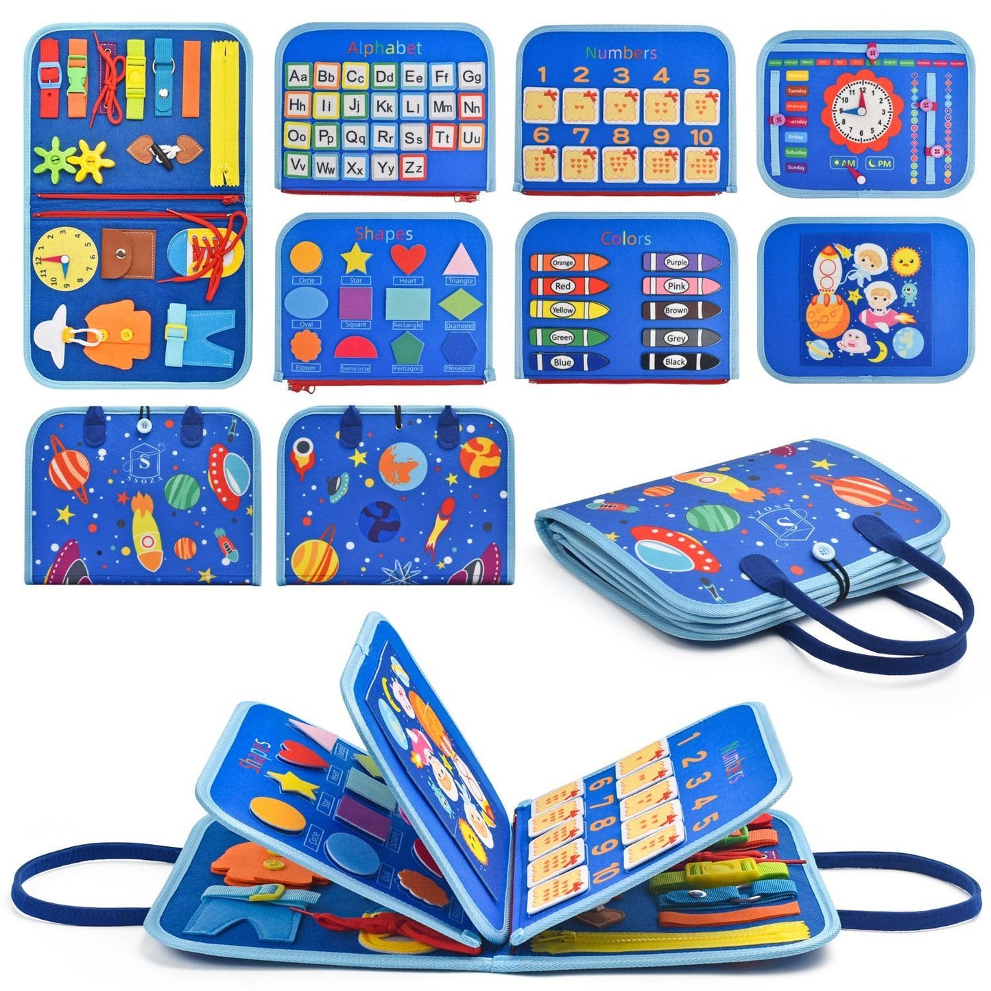 SSOZA Montessori Busy Board – Busy Board for Toddlers 3-5 Years Old – Toddler Learning Activities for Travel Road Trip – Educational Toys Sensory Board with Life Skills Alphabet Animals Shapes