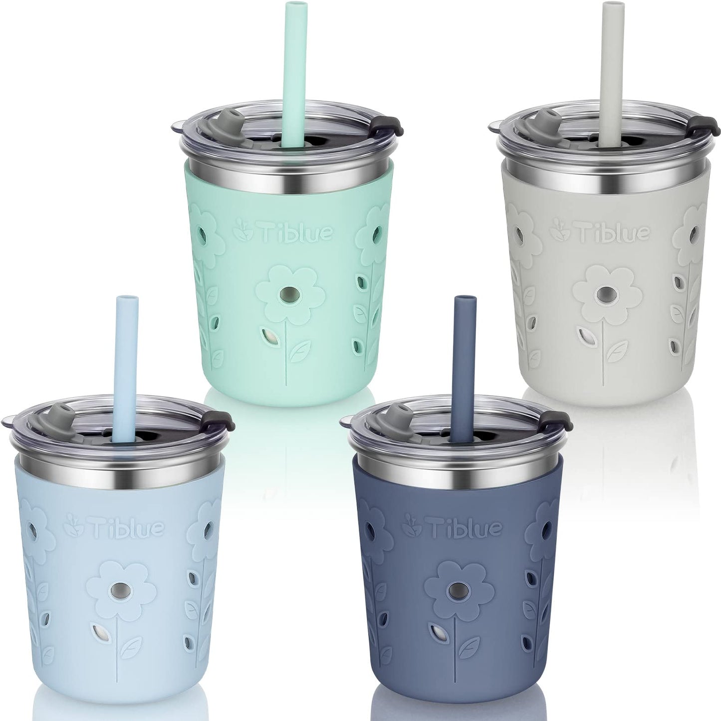 Tiblue Kids & Toddler Cups - 4 Pack 8oz Spill Proof Stainless Steel Tumblers with Leak Proof Lids Silicone Straw with Stopper & Sleeve - BPA FREE Snack Smoothie Drinking Cup for Baby Girls Boys