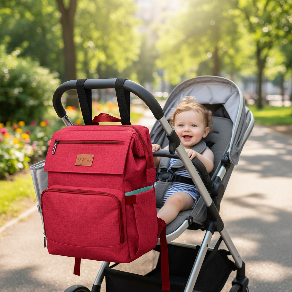 Red diaper bag backpack clipped onto stroller handlebar