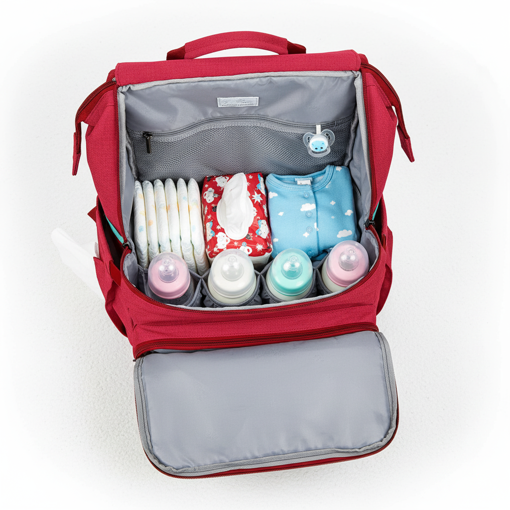 Organized interior of red diaper bag with baby essentials