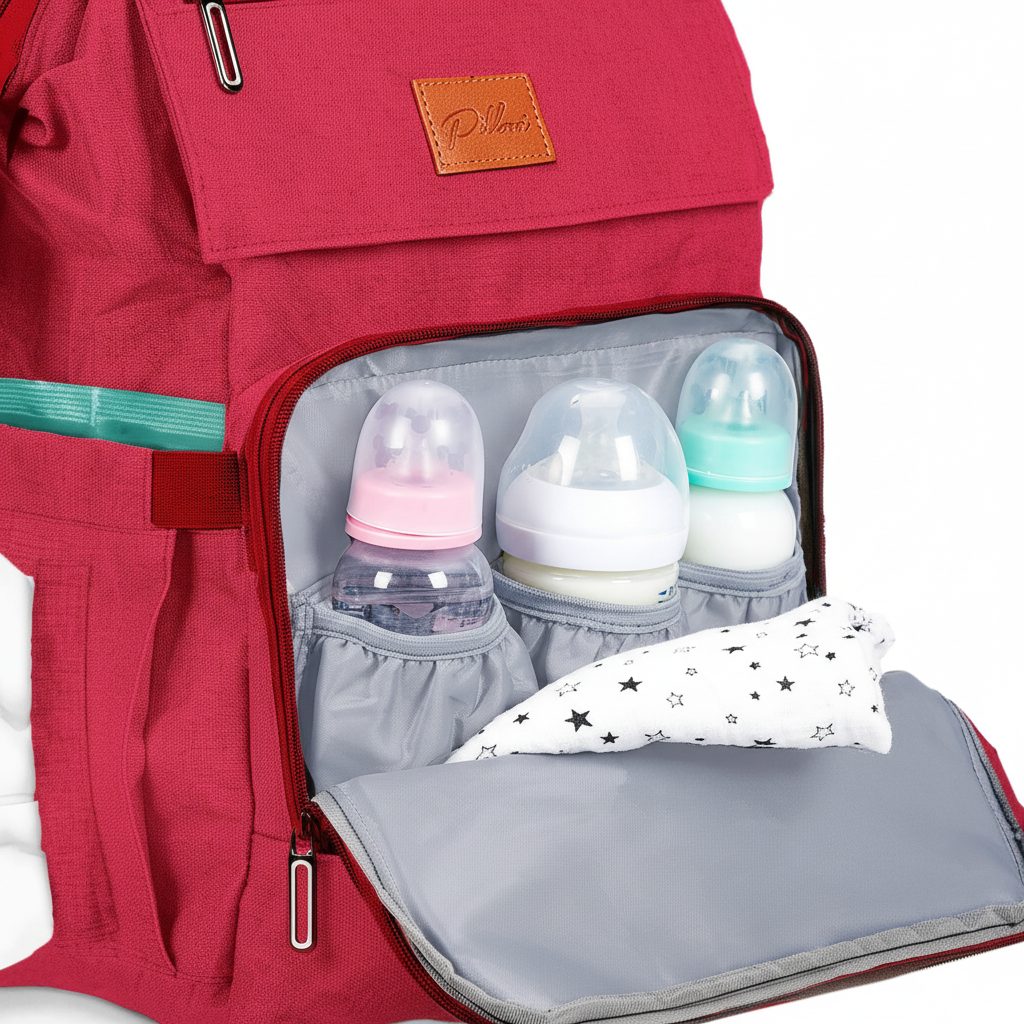 Close-up of insulated bottle pockets on red diaper bag