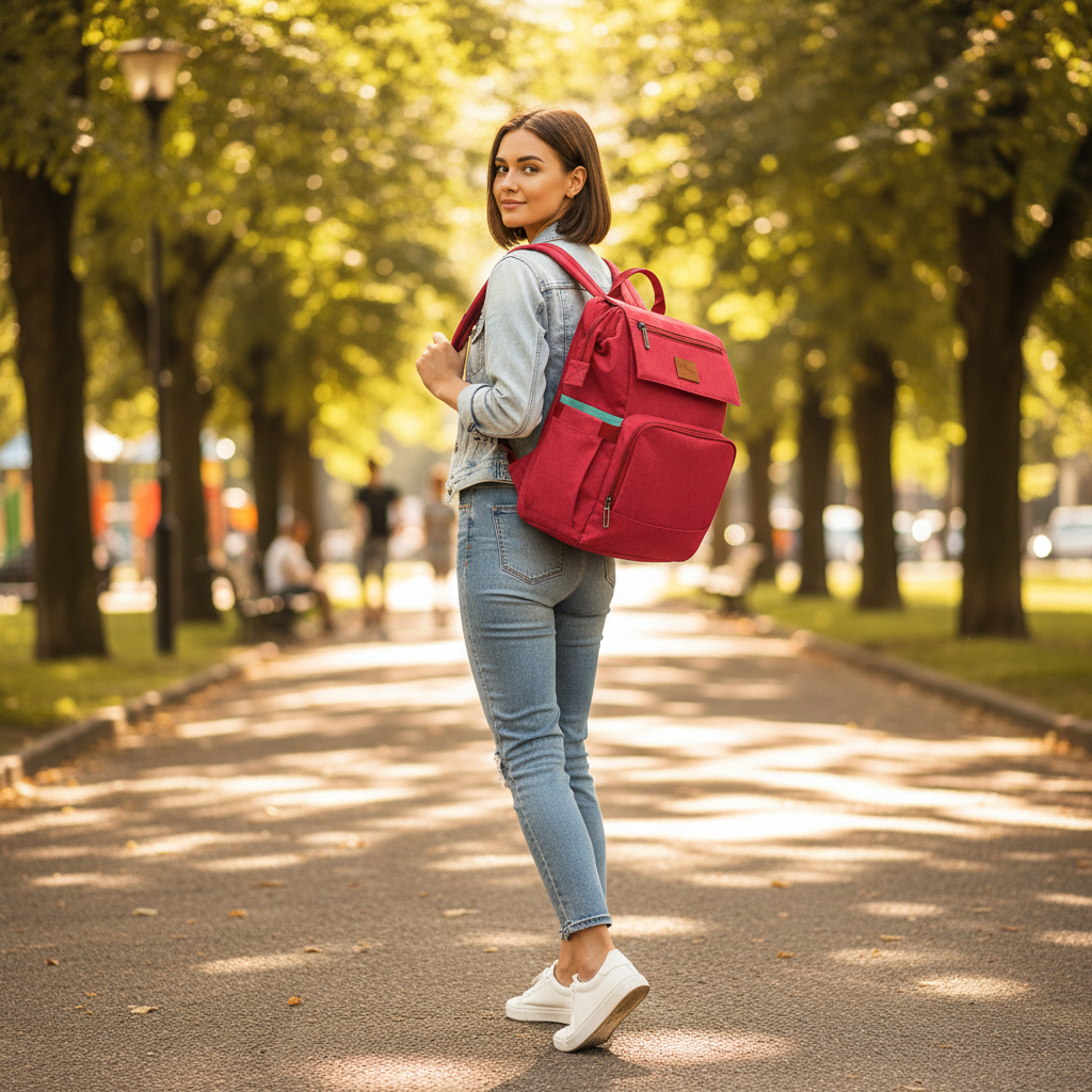 Mom wearing red diaper bag backpack in sunny park
